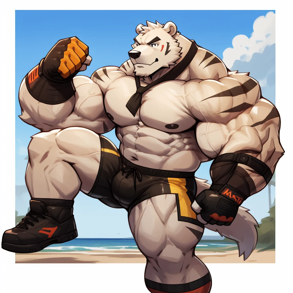 Huge muscular thick white fur Polar Bear bodybuilder shirtless in blue MMA shorts, MMA gloves and MMA foot wear training for the MMA tournament.