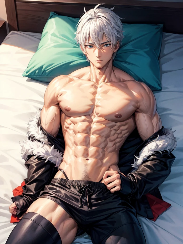 Anime guy about  without outerwear. Muscular with 6-pack abs and back. With white hair. Lying on the bed. 