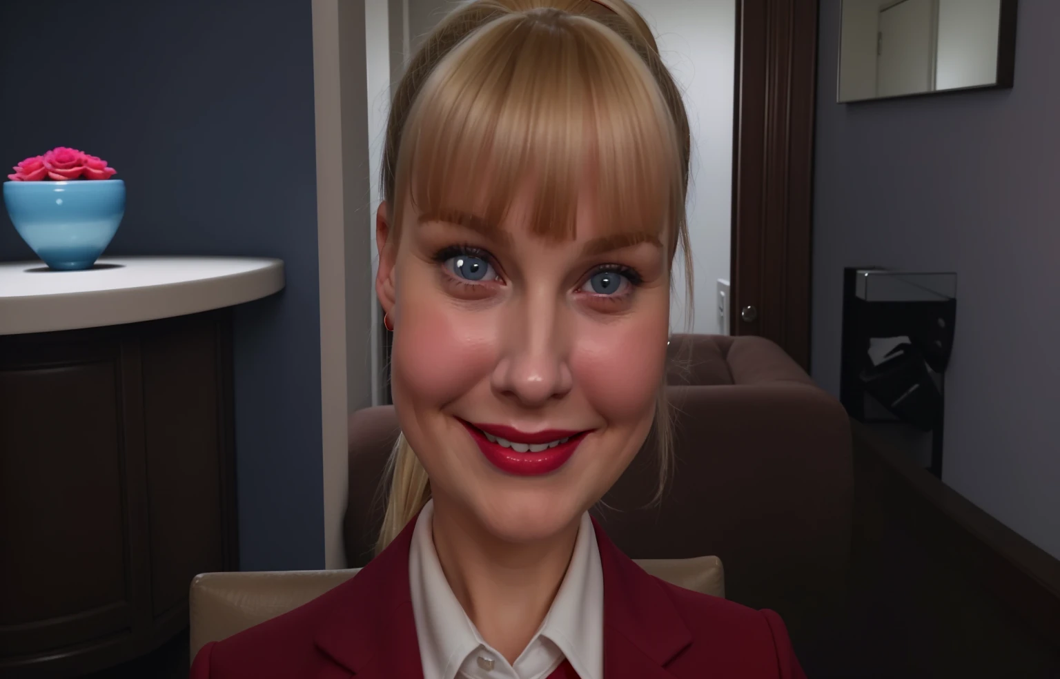 1woman, blonde hair, ((high ponytail)), blue eyes, red lipstick, red blazer, white collared shirt, happy, smiling, early 40s, ((round face)), ((chubby cheeks)), bangs, Facing forward, ((43 years old)), home interior, happy, blue mascara, pink blush