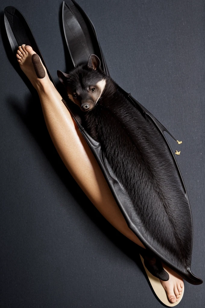 **head and body**: Similar to that of a bat, with large pointed ears and dark fur.
- **Eyes**: Big and shiny like a dolphin's.
- **boca**: Wide and prominent like that of a honey badger.
- **Legs and feet**: Long and thin, with claws like those of a badger, but in the shape of a flip flop.
- **Alas**: Like those of a bat, but with patterns and colors similar to those of a bedbug