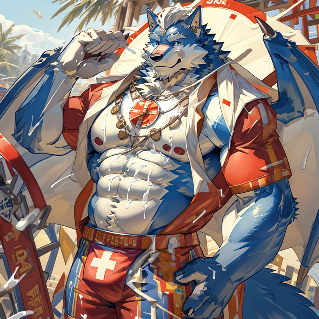 Masterpiece, Solo, Furry Light Blue Wolf, Light Blue Fur,Dark Blue Eyes, Dragon Wings, Bulking Body, Dad bod body, Cool Pose, Charming, Handsome, Life Guard outfit, wearing cap, Milk from tits , cum everywhere