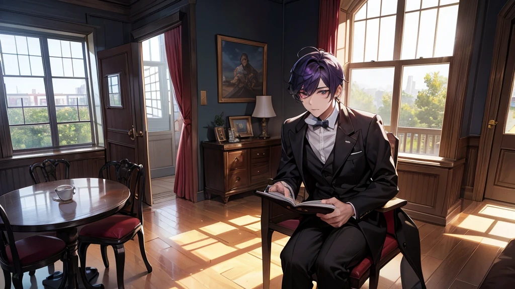 1man, 1male the character be sitting on a chair, small round table, and the character is reading a book with their left hand and the right one is holding the tea from the top of the table that is on their right of them from their view, legs crossed, close to the window facing their back, the table is a bit damaged as well as the wall of the building, the shadow will standing behind from his left should but it look like it coming from the character the shadow does have similar hair to the character but its only dark and its eye colour is red while the main character eye is purple, outside the window is sunny light be shinning from outside, the window will have a crack as well to fit the damaged wall of the house, character expression will be flat face