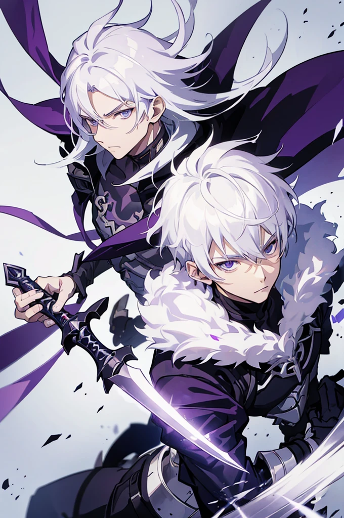 A 25 years old anime man with white hair, holding a Dagger, Wearing a dark and purple Armor