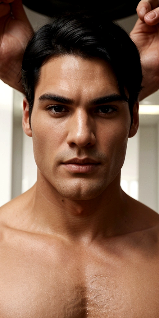  man of 1,80m tall and muscular build, but not exaggerated. Your skin is clean. He has thick black hair, cut in a modern, elegant style.