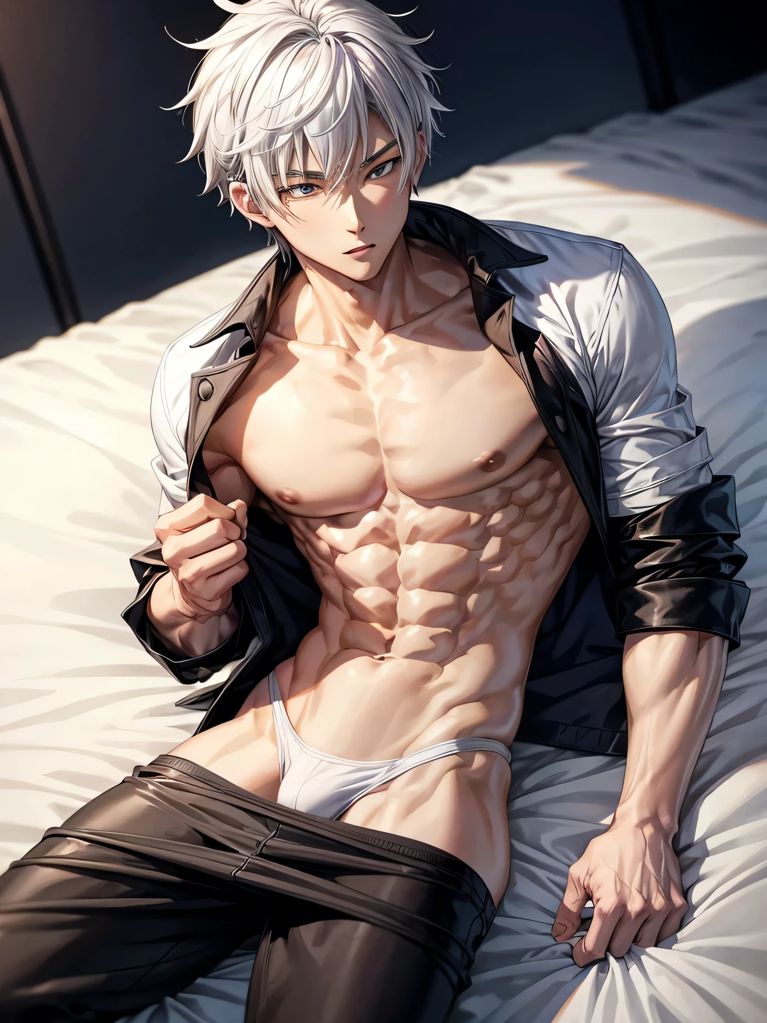 Anime guy about 16 without outerwear. Muscular with 6-pack abs and back. With white hair. Lying on the bed. 