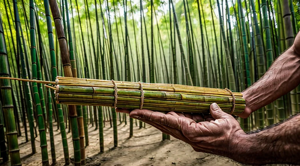 close-up image of human arms and hands holding a bamboo grove - a bamboo grove cuts through the forest