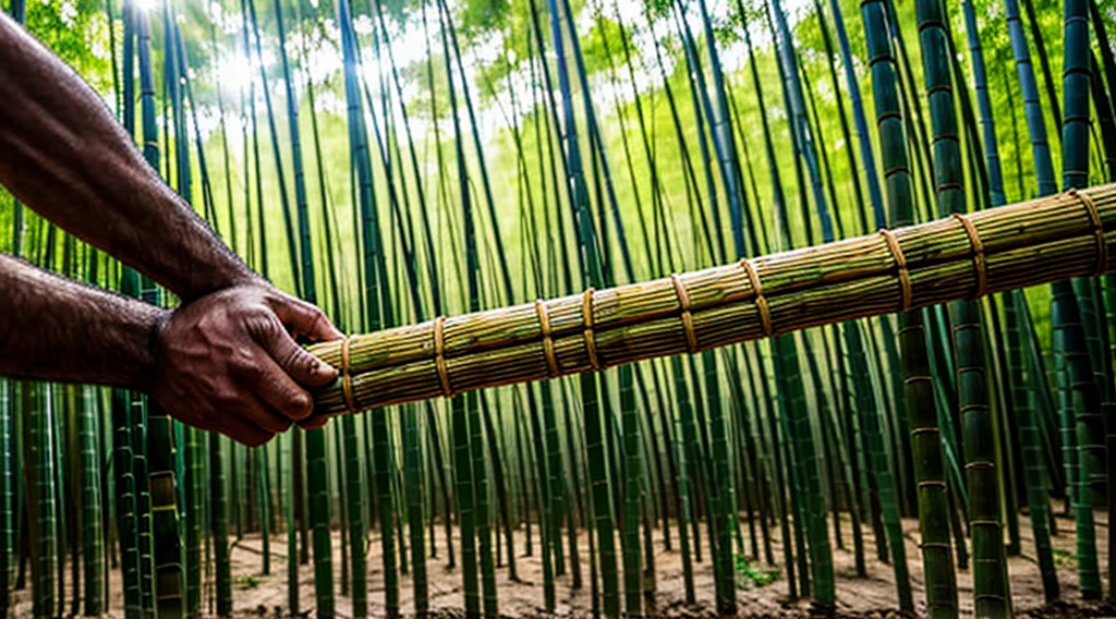 close-up image of human arms and hands holding a bamboo grove - a bamboo grove cuts through the forest