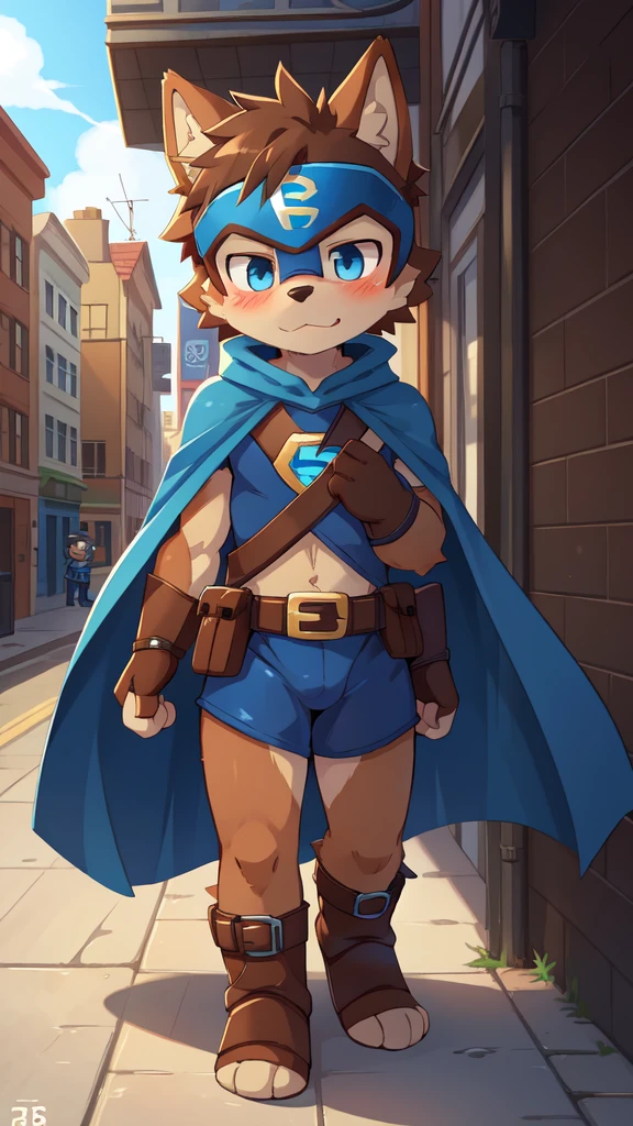 score_9,score_8_up,score_7_up, source_cartoon, source_furry, dog boy, blue eyes, dog tail, brown hair, mohawk hairstyle, shota, furry, blush, looking at viewer, :3, 1boy, dog ears, short spiky hair, furry male, two tone body fur, brown body fur, clear brown body fur, ((superhero mask, blue cape, blue gloves, belt with S insignia, nude)), street, clear sky, short body, tiny body, full body, feets with three toes, 3 toes,