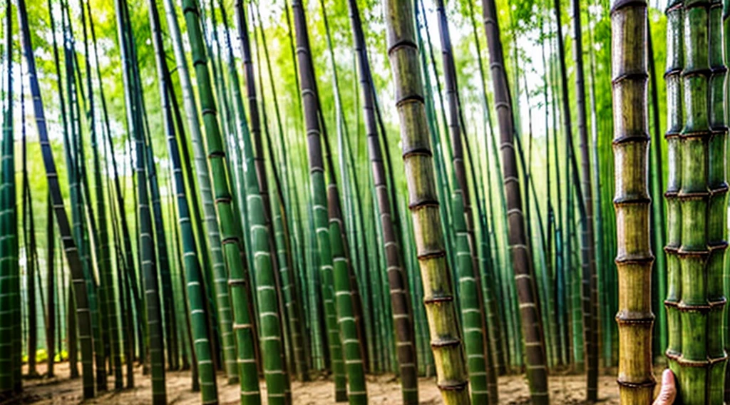 close-up image of human arms and hands holding a bamboo grove - a bamboo grove cuts through the forest