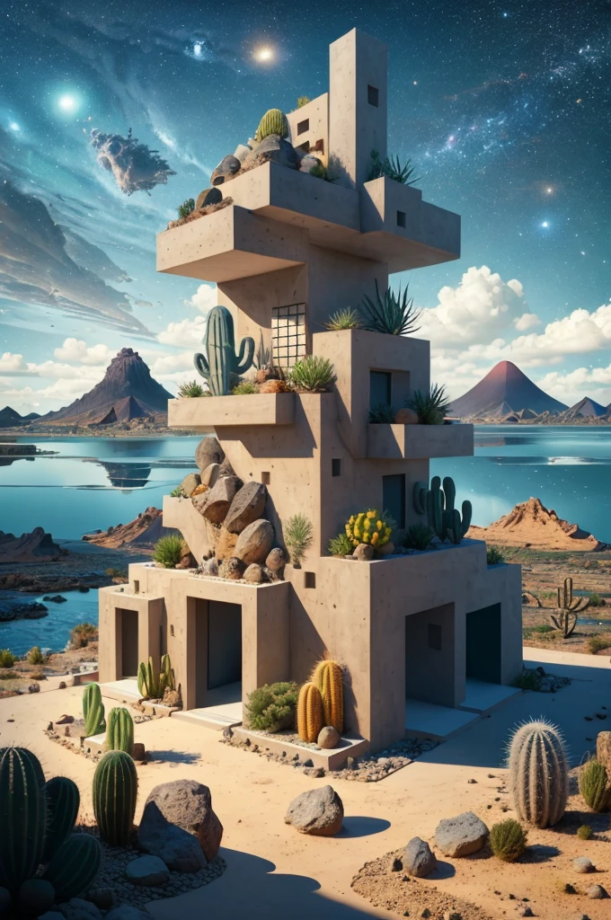 An illustration, collage style, David Hockney visual style, (((Luis Barragán's architectural style houses in middle of a lake))), big boulders, little cascade, mountains, volcanos, volcanic landscape, pool, stairs, beautiful gardens, abundant vegetation, cacti, agave, big clouds, sunset. Magazine cover, serif tipography, editorial design, masterpiece, An illustration in collage style, con rocas gigantes, Brutalist construction sections, escaleras, cactus, agave, textura de concreto, Multiple geometric shapes, hatch and cross hatching, planeta Saturno. ((masterpiece, best quality)),illustration,ultra detailed 8k. (((An illustration of a build designed by Luis Barragán))), with a desertic vegetation garden, (big rocks), ((cacti)), lake, volcano in horizon, smooth clouds, (((illustration collage format))), ((Escher's art style)), (((multiple sections))), (violet, blue, olive green, grey, black and white), hard shadows, (((geometric sculptures))), concrete sculptures, high contrast, dramatic, cinematographic, ((milky way galaxy)), intricate, intricate details, sharp focus,landscape