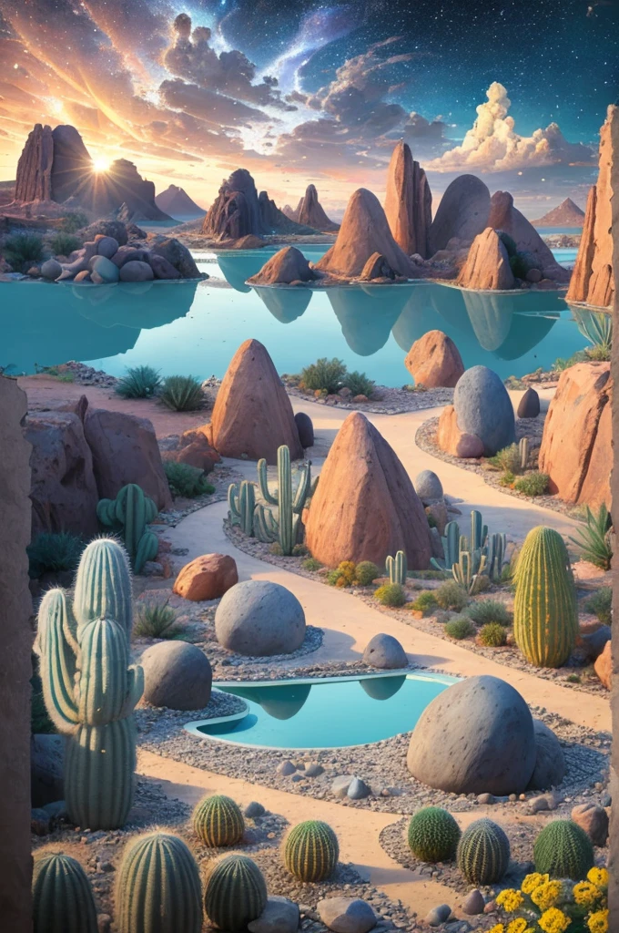 An illustration, collage style, David Hockney visual style, (((Luis Barragán's architectural style houses in middle of a lake))), big boulders, little cascade, mountains, volcanos, volcanic landscape, pool, stairs, beautiful gardens, abundant vegetation, cacti, agave, big clouds, sunset. Magazine cover, serif tipography, editorial design, masterpiece, An illustration in collage style, con rocas gigantes, Brutalist construction sections, escaleras, cactus, agave, textura de concreto, Multiple geometric shapes, hatch and cross hatching, planeta Saturno. ((masterpiece, best quality)),illustration,ultra detailed 8k. (((An illustration of a build designed by Luis Barragán))), with a desertic vegetation garden, (big rocks), ((cacti)), lake, volcano in horizon, smooth clouds, (((illustration collage format))), ((Escher's art style)), (((multiple sections))), (violet, blue, olive green, grey, black and white), hard shadows, (((geometric sculptures))), concrete sculptures, high contrast, dramatic, cinematographic, ((milky way galaxy)), intricate, intricate details, sharp focus,landscape