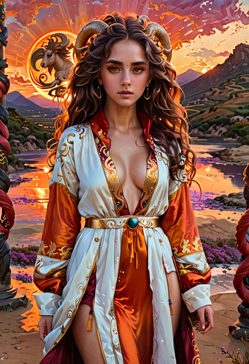 (absurderes, high resolution, ultra detaild), 1 girl, Zodiac sign - Goddess of Aries , standing alone, mellow, Baroque, long robe, longsleeve, chic, colorfully, More Detailed, trunk , sunset hair . fiery eyes . Coraggioso, intentional, productive, Enterprising Humanitarian Face .