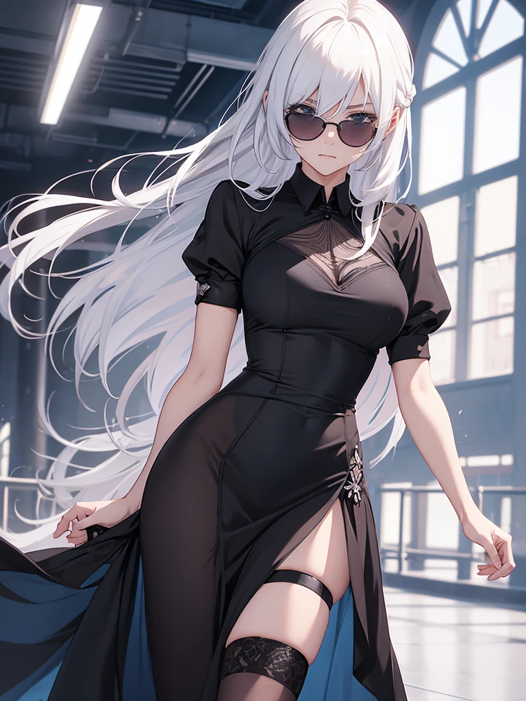 Woman, famale version, female, jujutsu kaisen, solo, alone, white hair, bangs, long hair, hair on eyes, both eyes should be covered by hair, white eyebrows, white eyelashes, light blue eyes, (wearing round sunglasses), wearing black shirt, black sleeves, black clothing, in prom party, school, high quality, 4k resolution, anime, ((prom party dress wear)) (((Solo)))