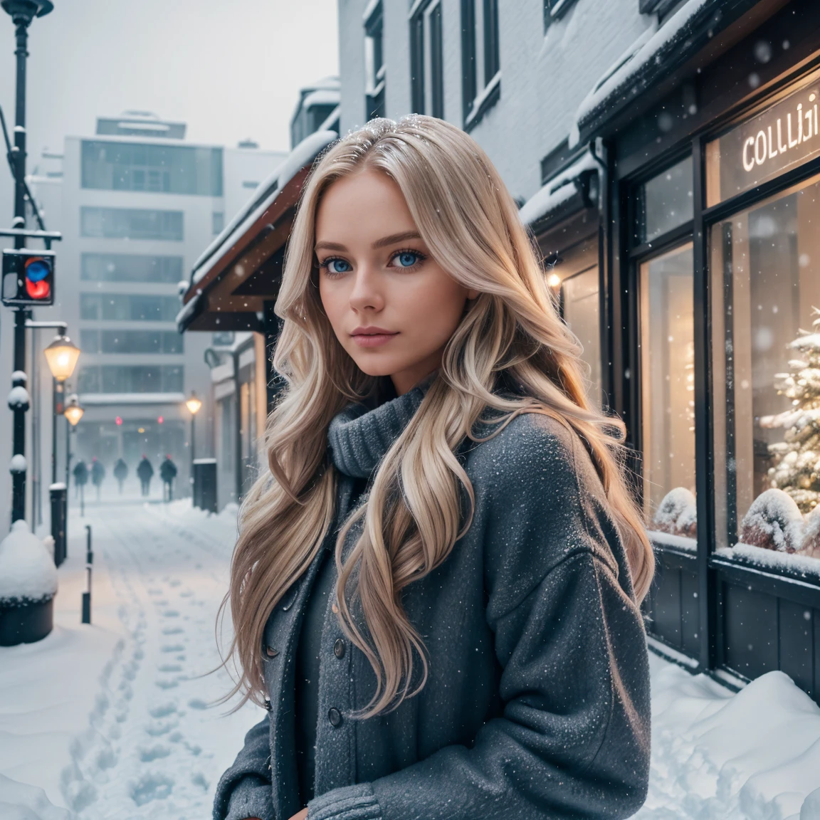 professional portrait photograph of a gorgeous Norwegian girl in winter clothing with long wavy blonde hair with rainbow highlight,blue eye , sultry flirty look, gorgeous symmetrical face, cute natural makeup, wearing elegant warm winter fashion clothing, ((standing outside in snowy city street)), stunning modern urban environment, ultra realistic, concept art, elegant, highly detailed, intricate, sharp focus, depth of field, f/1. 8, 85mm, medium shot, mid shot, (((professionally color graded))), bright soft diffused light, (volumetric fog), trending on instagram, hdr 4k, 8k