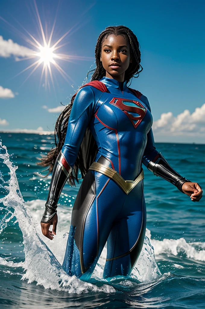 Create a superheroine whose power is water with a black superhero costume with light blue details