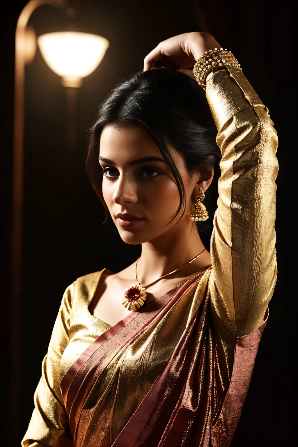 In this photograph, an Indian Instagram female model in her mid-20s takes hugging her self. (highly detailed face:1.4) (smile:0.7) (background 5-star hotel, moody, private study:1.0V, by Lee Jeffries, Nikon D850, film stock photograph, 4 Kodak Portra 400, camera f1.6 lens, rich colors, hyper-realistic, lifelike texture, dramatic lighting, Cinestill 800, realistic). She is wearing a traditional cherry blossom saree that exudes elegance and sophistication. The saree features a vibrant and intricate design with rich colors and detailed patterns, draped gracefully around her. The blouse is long sleeves with intricate embroidery and beadwork, complementing the saree’s luxurious fabric. She is tying her hair with raised hands, Completing her look, she adorns herself with traditional jewelry, including bangles, earrings, and a necklace. The model's hair is styled in a classic bun with jasmine flowers, adding a modern twist to her traditional attire.
The photograph is meticulously captured in 8K resolution using cutting-edge techniques such as Cinema 4D and Octane Render, resulting in a highly detailed and photorealistic image. Studio lighting, HDR, and a smoky mist create a captivating ambiance, while the bokeh effect adds an artistic touch.