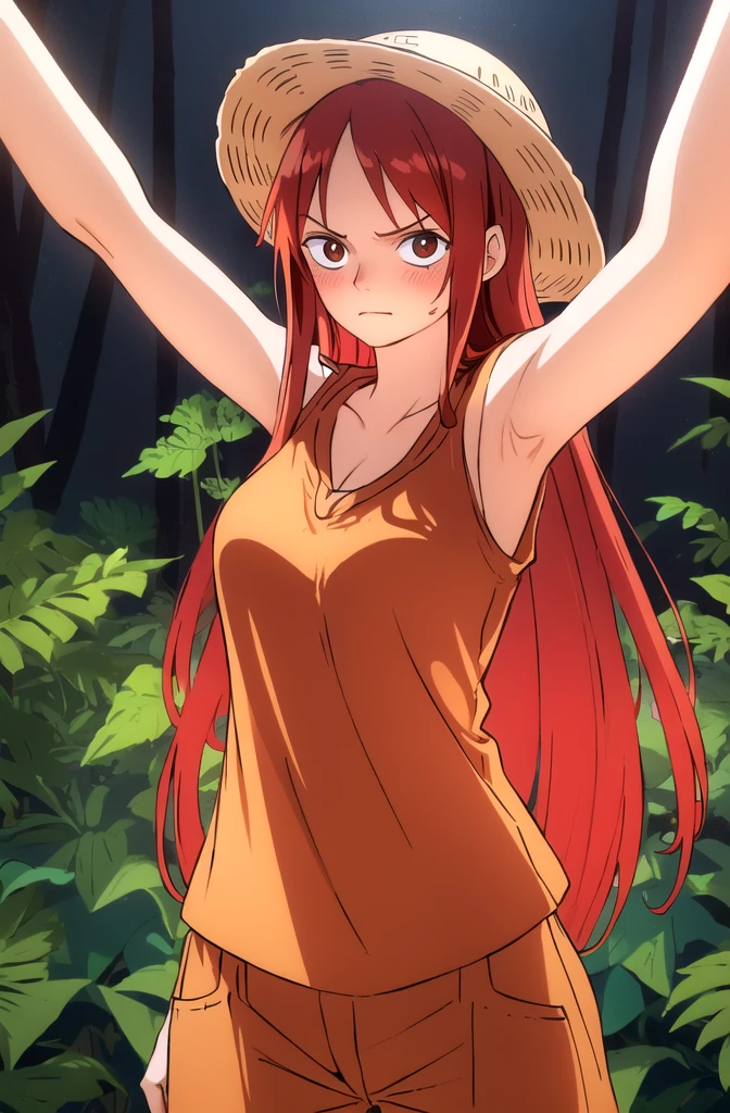 masterpiece, best quality), intricate details, 1 girl, woman, (long red hair), straw hat, luffy, luffy\(one piece\), scar on face, (long hair) wearing t shirt and pant ((solo)) (black eyes) (detailed eyes)) (female focus) (looking towards viewer) ((standing infront of a forest)) ((long hair)) (blushing) ((ver shy)) (strawhat) ((shot from front)) ((shy pose)) ((very good lighting)) ((red colour hair)) ((she is mature)) ((high detailed)) ((upper body))
...