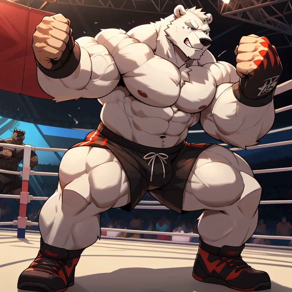 Huge muscular thick white fur Polar Bear bodybuilder shirtless in blue MMA shorts, MMA gloves and MMA foot wear training for the MMA tournament. Punching and kicking workout.
