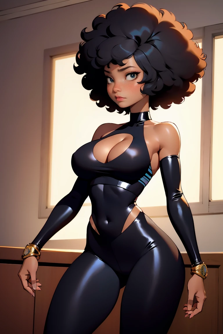 afro american girl, black skin, afro haircut, 1 girl, solo, (black leggins) (top), cleavage, sleveless, medium perky , wide hips