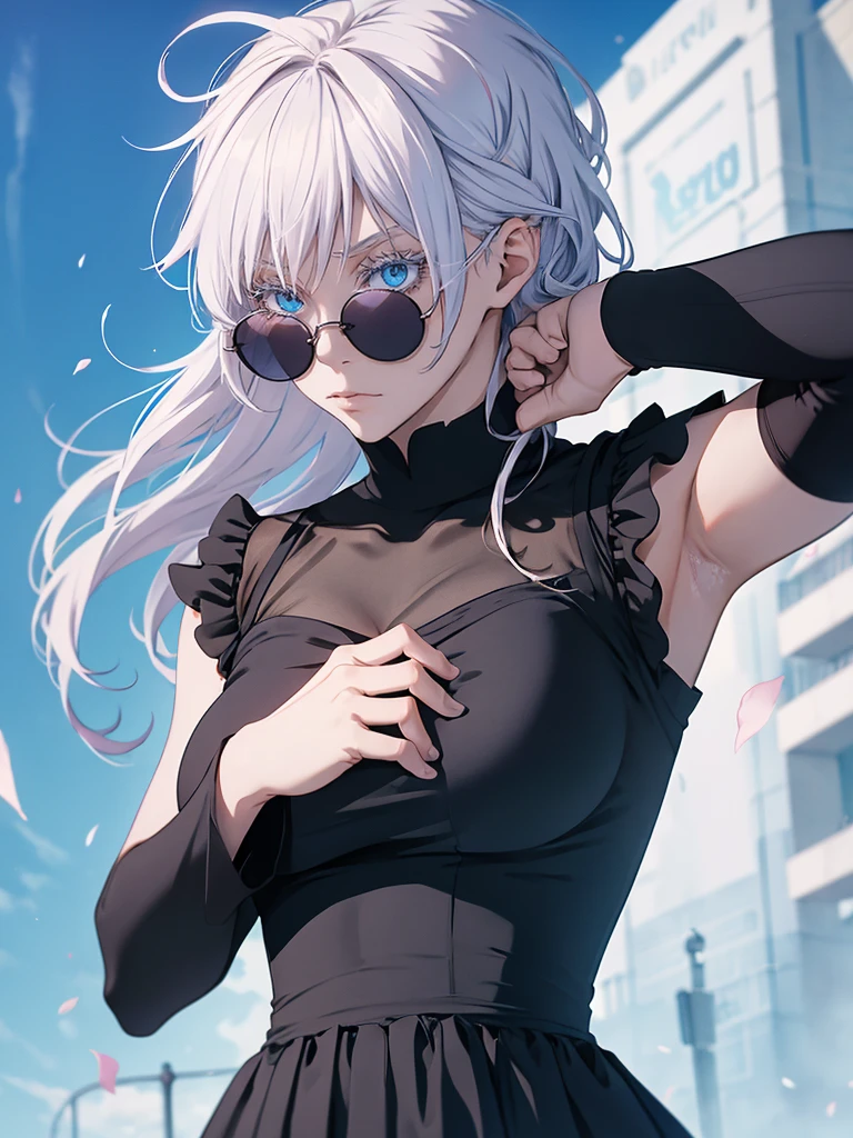 Woman, famale version, female, jujutsu kaisen, solo, alone, white hair, bangs, long hair, hair on eyes, both eyes should be covered by hair, white eyebrows, white eyelashes, light blue eyes, (wearing round sunglasses), wearing black shirt, black sleeves, black clothing, in prom party, school, high quality, 4k resolution, anime, ((prom party dress wear)) (((Solo)))