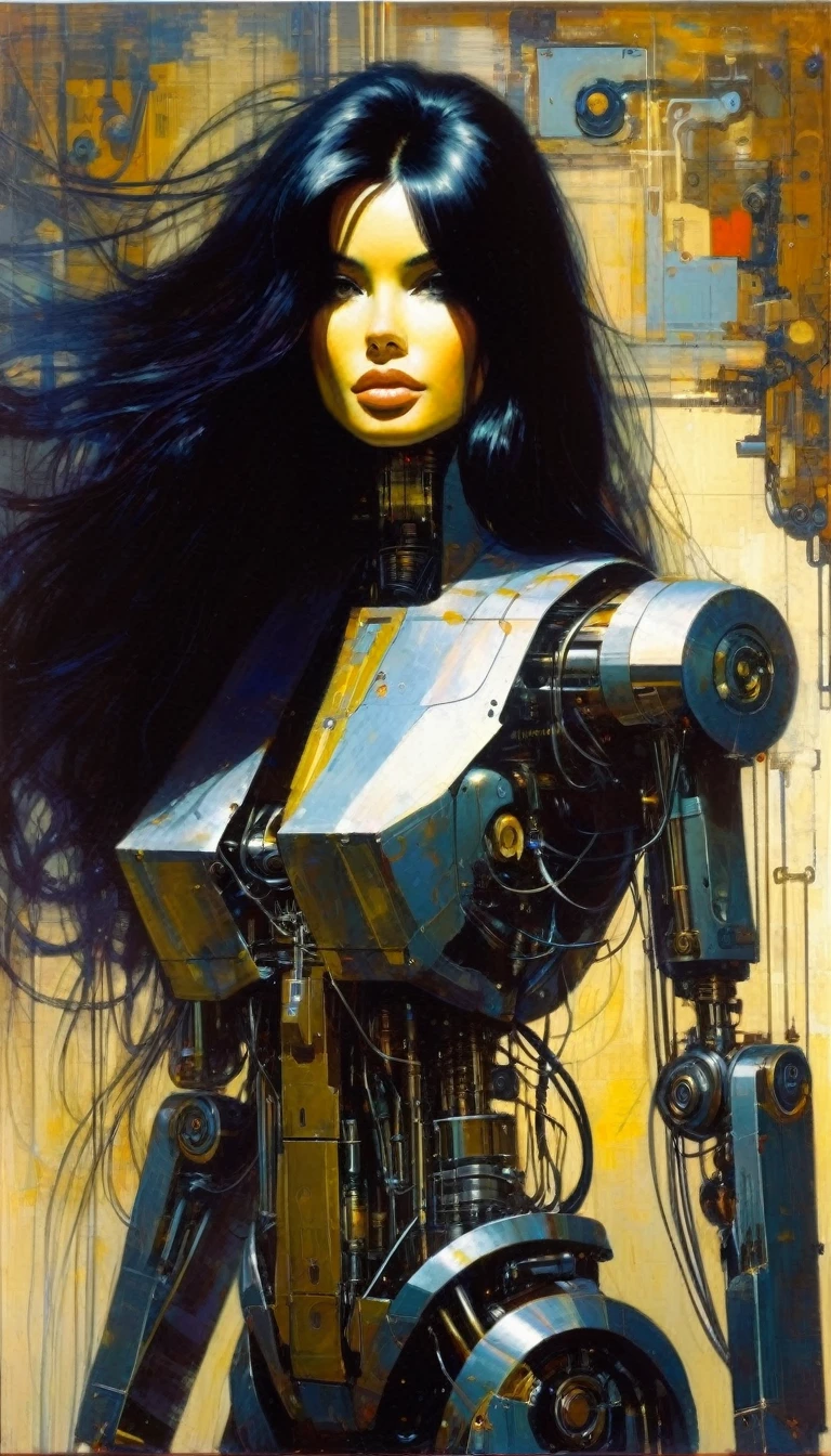 mechanical_body, mechanical_face, full_body, long hair, black hair, good anatomy, best quality, masterpiece, beautiful and cute face (art inspired by Bill Sienkiewicz). oil painting)