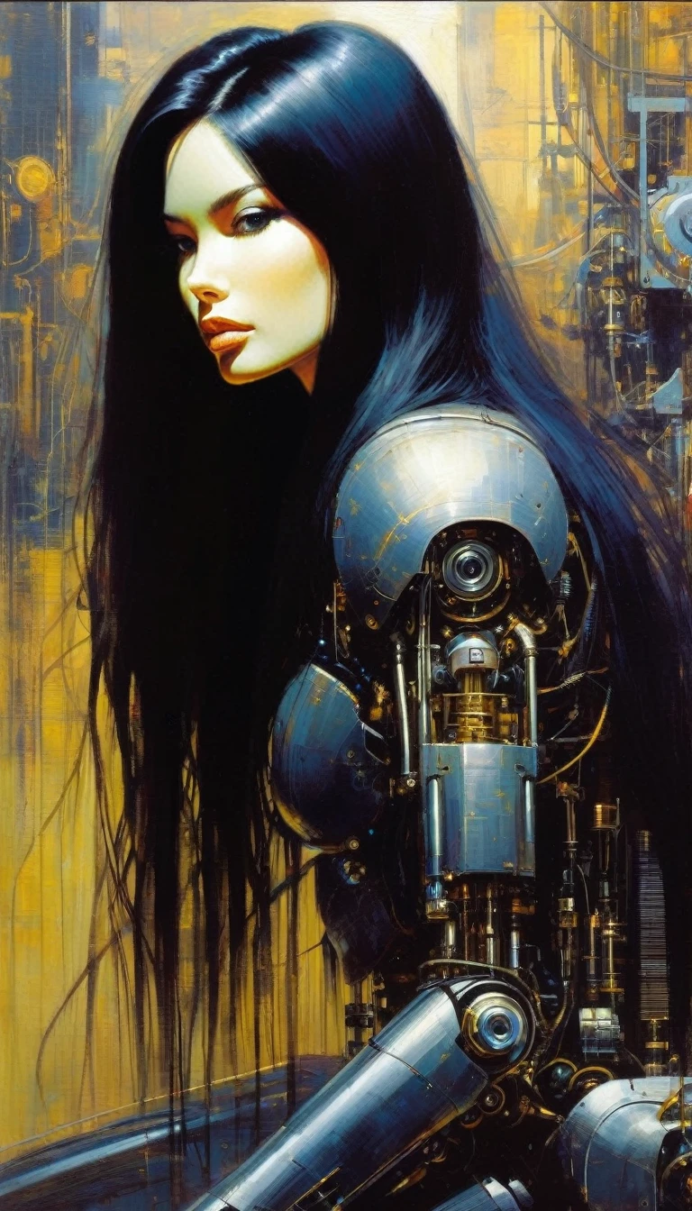 mechanical_body, mechanical_face, full_body, long hair, black hair, good anatomy, best quality, masterpiece, beautiful and cute face (art inspired by Bill Sienkiewicz). oil painting)