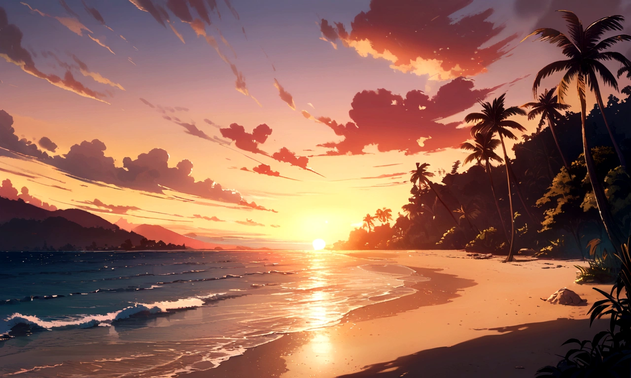 sunset, tree, guitar, beach, cozy landscape