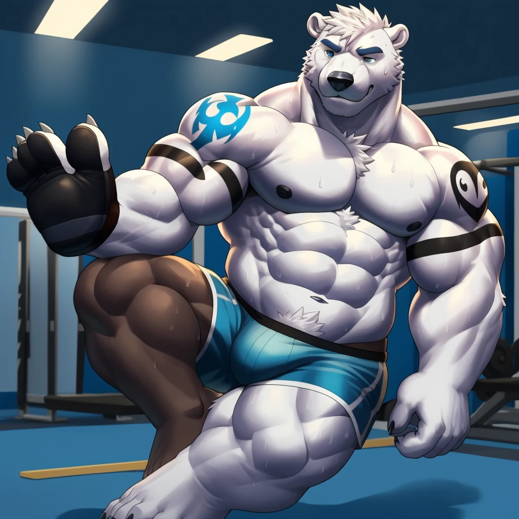 solo, anthro (Polar Bear, arctic bear), full ears, white fur skin, detailed blue eyes,gym: 1.6, sweat, heavy breathing: 1.5, correct anatomy, biceps, (huge thick muscular) thin, tattoo, veins all over the body, blue MMA shorts, MMA gloves and MMA foot wear (Shirtless and topless: 1.2), gym background and MMA training for the tournament, 8k hd, dark shadows