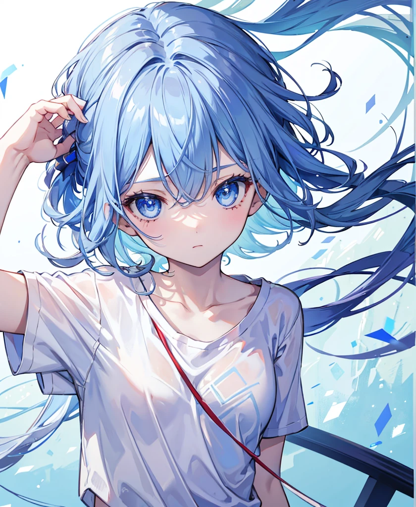 8K, Highest quality, (real:1.4), Original photo, 1 girl, Asari Hair, smart blue eyes,White shorts,Plain T-shirt、Face up,(Simple plain background:1.3)