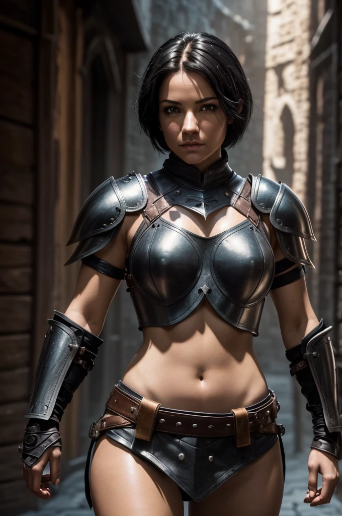A beautiful female rogue, short black hair, Dungeons and Dragons aesthetic, (((skimpy sexy leather armour))), high detail face, high detail skin, 8, HDR, high resolution, photo-realistic, cinematic lighting, depth of field, bokeh, rim lighting, backlit, cool colours, night