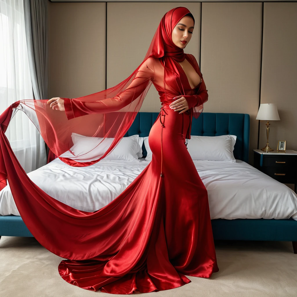 a woman in the translucent silk red gown, tight full body tied, satin sheet, nipple on with nipple piercing, wearing translucent veils, faceless, face cover with satin veil, satin hijab, full body, long satin,mermaid tight long gown, flowy dramatic long gown, tall women, satin bed, strugle to walk, wear high heels, satin bed, masterpice 