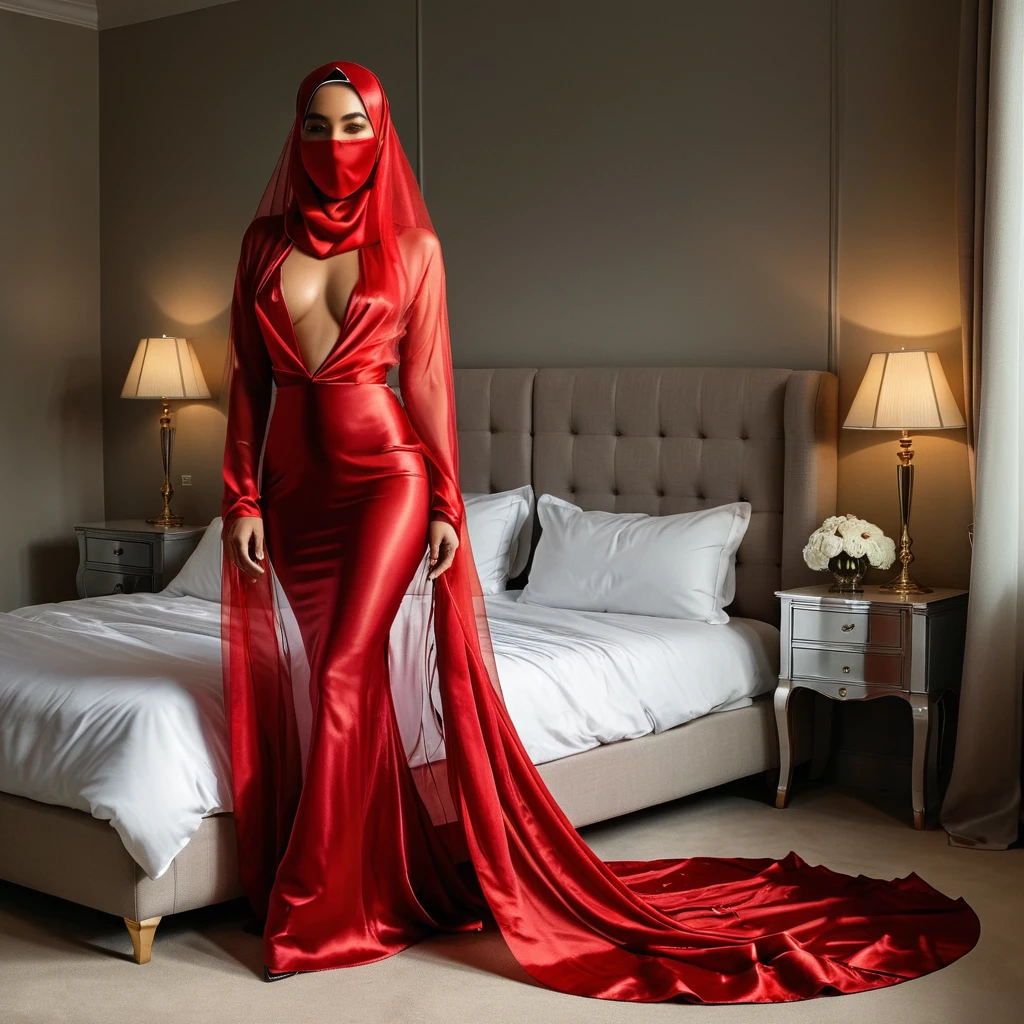 a woman in the translucent silk red gown, tight full body tied, satin sheet,  on with  piercing, wearing translucent veils, faceless, face cover with satin veil, satin hijab, full body, long satin,mermaid tight long gown, flowy dramatic long gown, tall women, satin bed, strugle to walk, wear high heels, satin bed, masterpice 