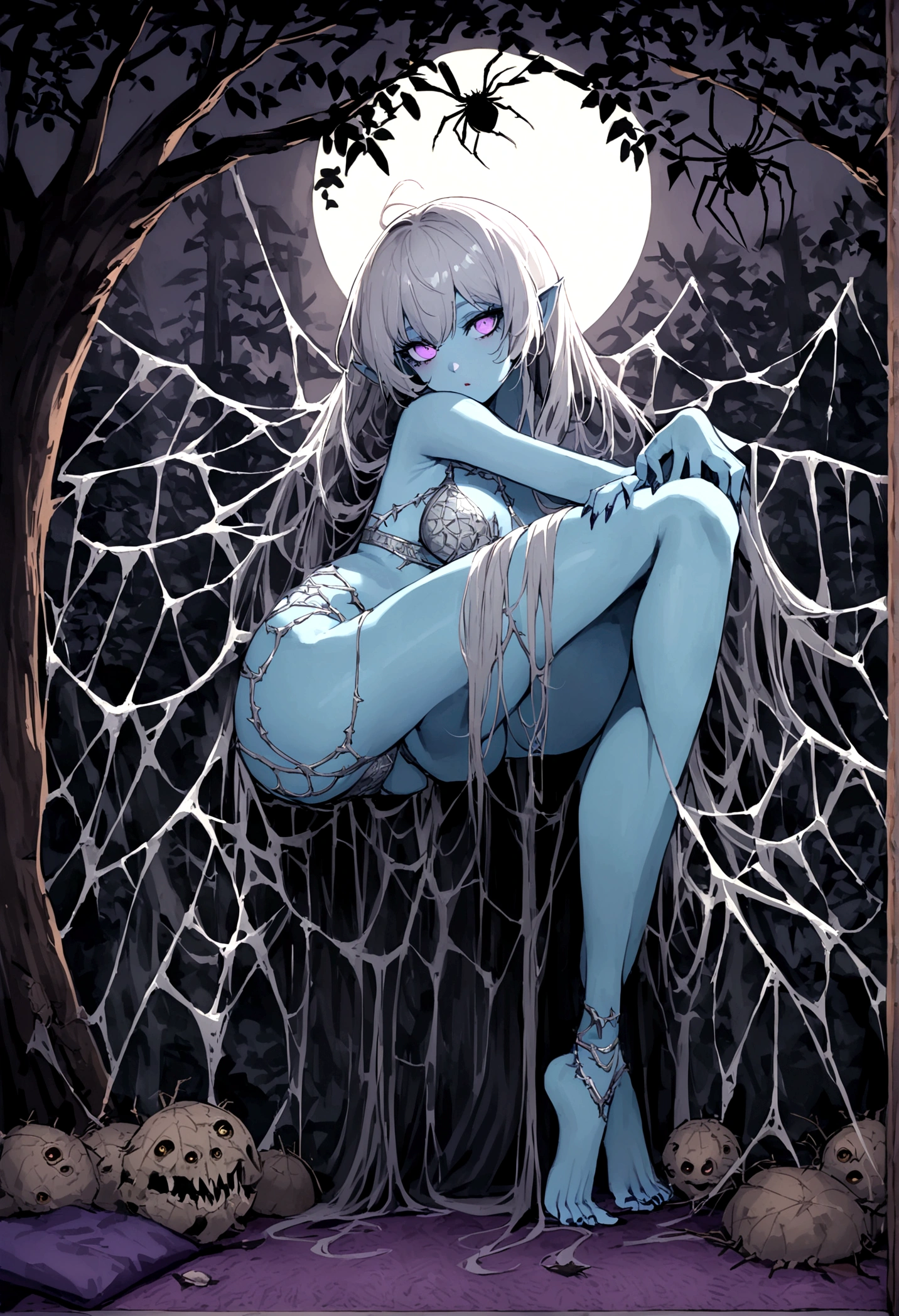 (Seductive nightmare)(Hyper realism)(Realistic fantasy)A moon elf greatly resembling Paris Hilton (age 25, psycho mouth full of jagged razor sharp teeth, long razor sharp finger nails, blue skin, violet eyes, silver hair, sheer spider silk lingerie(over exposed), silver body jewelry) transforming into a psycho super predator with arachnid overtones, blasphemous silver blue tattoos are sparkling in the moonlight, is studying the viewer and preparing to hunt them through a spider infested haunted woods, webs obscure the moon and carpet the ground. Immense webs and spiders in the tree tops. (show her entire body, show her from head to toe, show all of her)