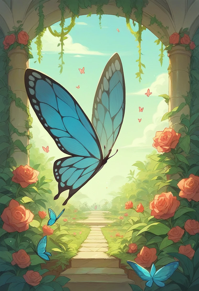 The butterfly's wings gently flapping as it glides over the garden, making the flowers and plants seem more vibrant.