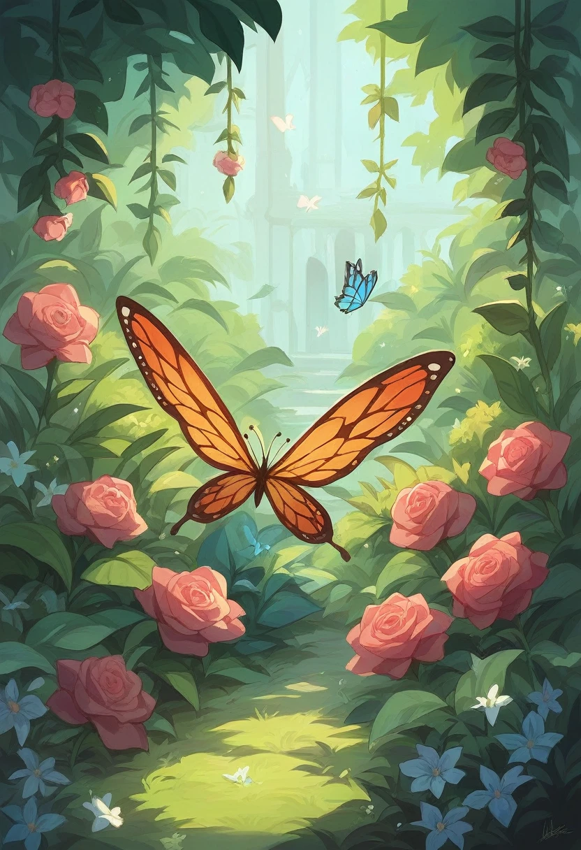 The butterfly's wings gently flapping as it glides over the garden, making the flowers and plants seem more vibrant.