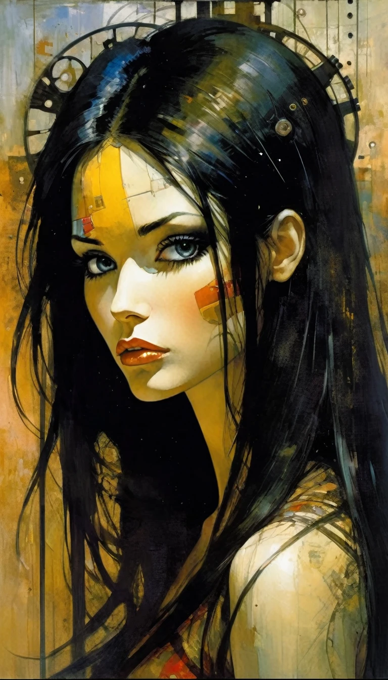 mechanical_body, mechanical_face, full_body, long hair, black hair, good anatomy, best quality, masterpiece, beautiful and cute face (art inspired by Bill Sienkiewicz). oil painting)