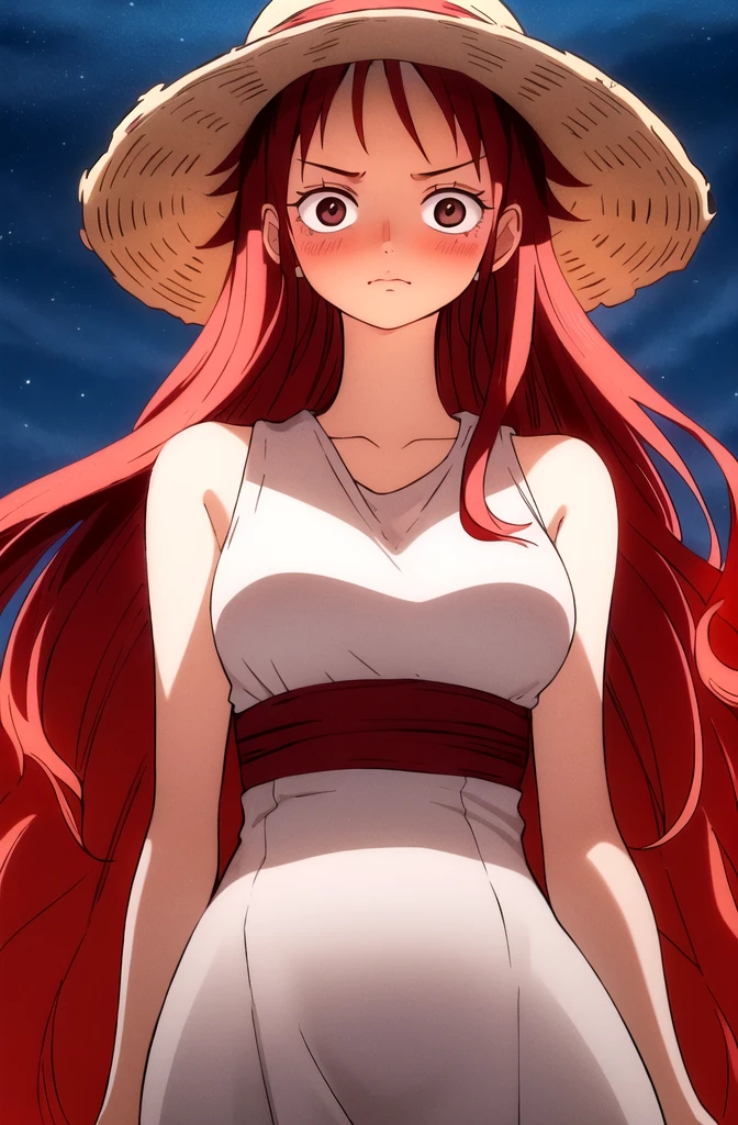 masterpiece, best quality), intricate details, 1 girl, woman, (long red hair), straw hat, luffy, luffy\(one piece\), scar on face, (long hair) wearing beautiful dress ((solo)) (black eyes) (detailed eyes)) (female focus) (looking towards viewer) ((standing infront of a forest)) ((long hair)) (blushing) ((ver shy)) (strawhat) ((shot from front)) ((shy pose)) ((very good lighting)) ((red colour hair)) ((she is mature)) ((high detailed)) ((upper body) ((night)) ((upper body))