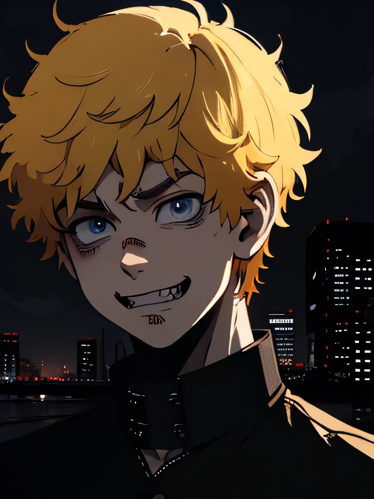 (character: Kaneki_ken), blue eyes, blonde hair, male character, solo, red and black color scheme, intense gaze, dark and gritty atmosphere, urban setting, dramatic lighting, mysterious smile, Tokyo cityscape, Drizzling,