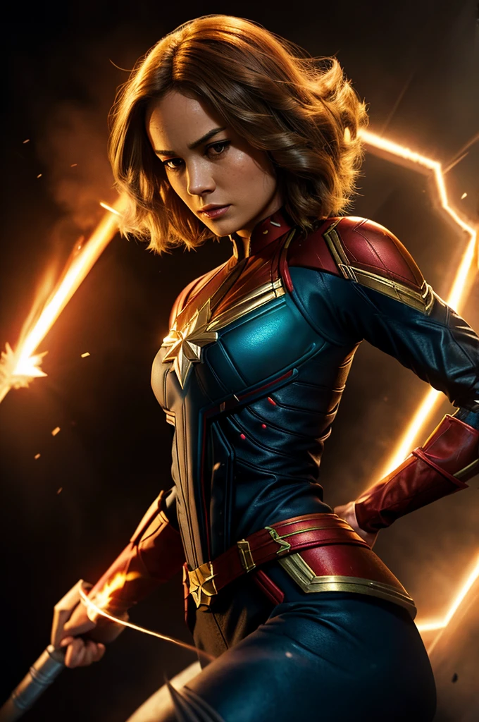 Captain Marvel angry close look and lighting in
