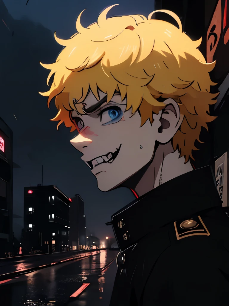 (character: Kaneki_ken), blue eyes, blonde hair, male character, solo, red and black color scheme, intense gaze, dark and gritty atmosphere, urban setting, dramatic lighting, mysterious smile, Tokyo cityscape, Drizzling,