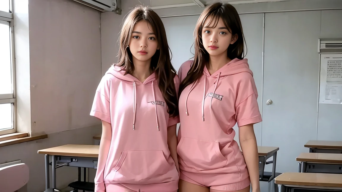 deux femmes ensemble de 18 ans sexy et mince , pink short sleeve hoodie , salle de classe, se touche,position sey,sensuel