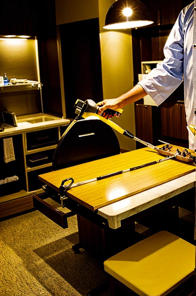 A woman  TORTURER CUTTING A  MANs Tongue. man IS TIED TO A SURGICAL TABLE AND IN SIDE THERE IS A TABLE WITH SURGICAL TOOLS AND BANANA. . she is very cruel