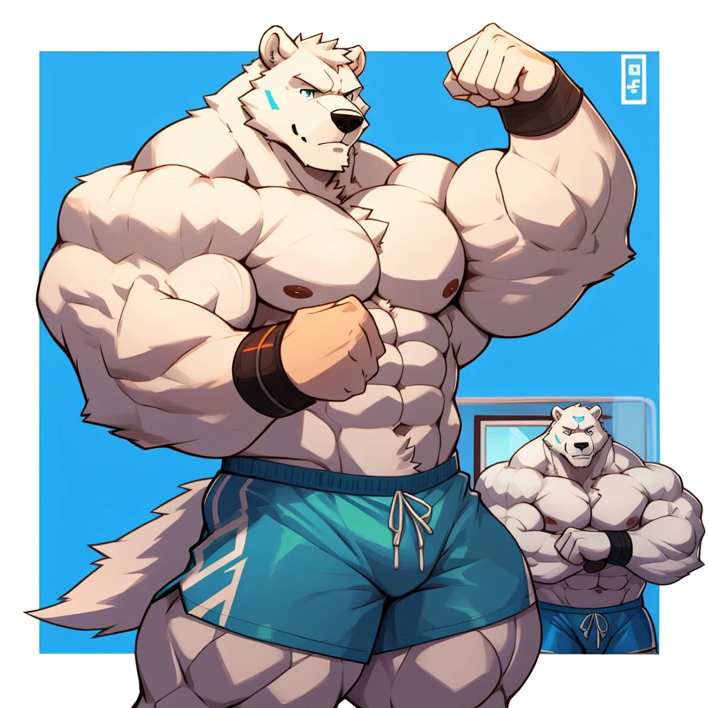Huge muscular thick white furr arctic Polar Bear bodybuilder shirtless in blue gym shorts and wristbands flexing and posing at the mirror looking at his muscles pumped.
