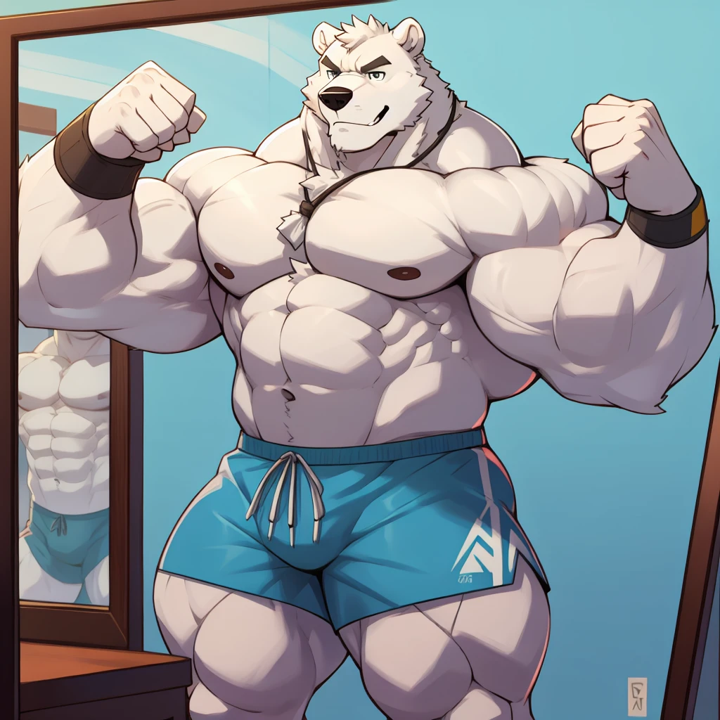 Huge muscular thick white furr arctic Polar Bear bodybuilder shirtless in blue gym shorts and wristbands flexing and posing at the mirror looking at his muscles pumped.