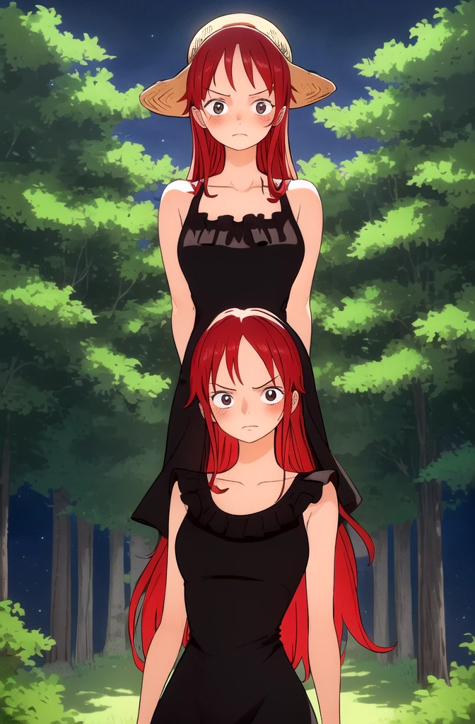 masterpiece, best quality), intricate details, 1 girl, woman, (long red hair), straw hat, luffy, luffy\(one piece\), scar on face, (long hair) wearing beautiful dress ((solo)) (black eyes) (detailed eyes)) (female focus) (looking towards viewer) ((standing infront of a forest)) ((long hair)) (blushing) ((ver shy)) (strawhat) ((shot from front)) ((shy pose)) ((very good lighting)) ((red colour hair)) ((she is mature)) ((high detailed)) ((upper body) ((night)) ((upper body)) ((black dress))