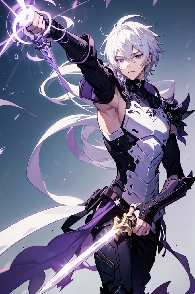 A 25 years old anime man with white hair, holding a Dagger, Wearing a dark and purple Armor