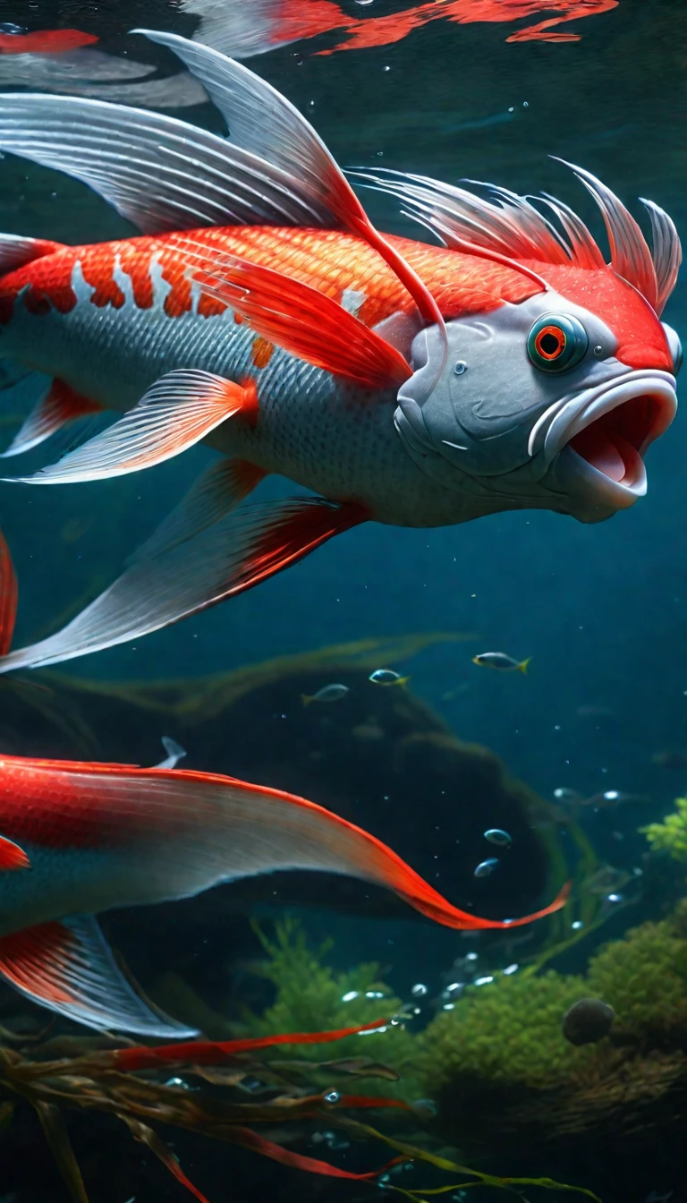 There is a red fish in the water，Has a human face，Mysterious Creatures, shrike, (best quality，4K，8K，High level，masterpiece：1.2），Ultra Detailed，（lifelike，Photo real，Photo real：1.37），Highly detailed animals，Complex patterns，Realistic lighting，Fantasy Creatures