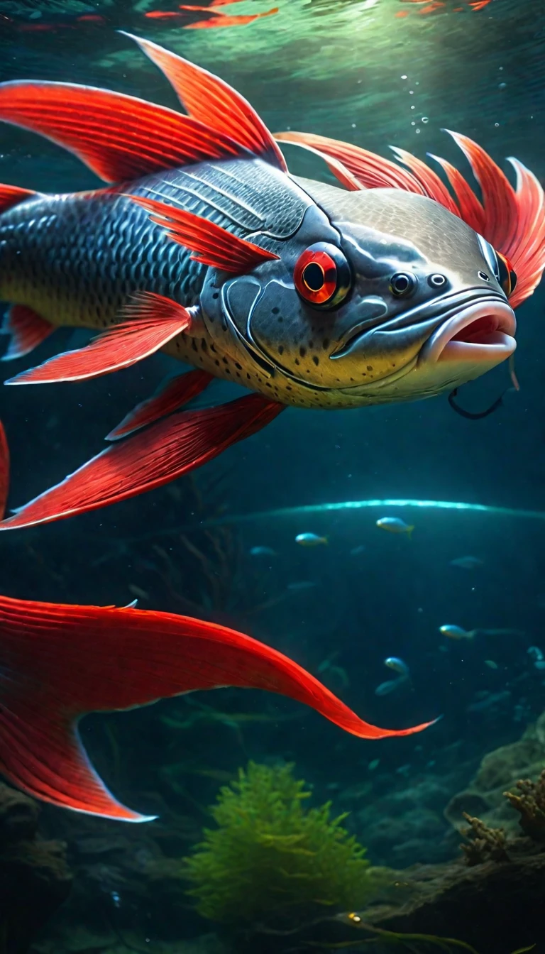 There is a red fish in the water，Has a human face，Mysterious Creatures, shrike, (best quality，4K，8K，High level，masterpiece：1.2），Ultra Detailed，（lifelike，Photo real，Photo real：1.37），Highly detailed animals，Complex patterns，Realistic lighting，Fantasy Creatures