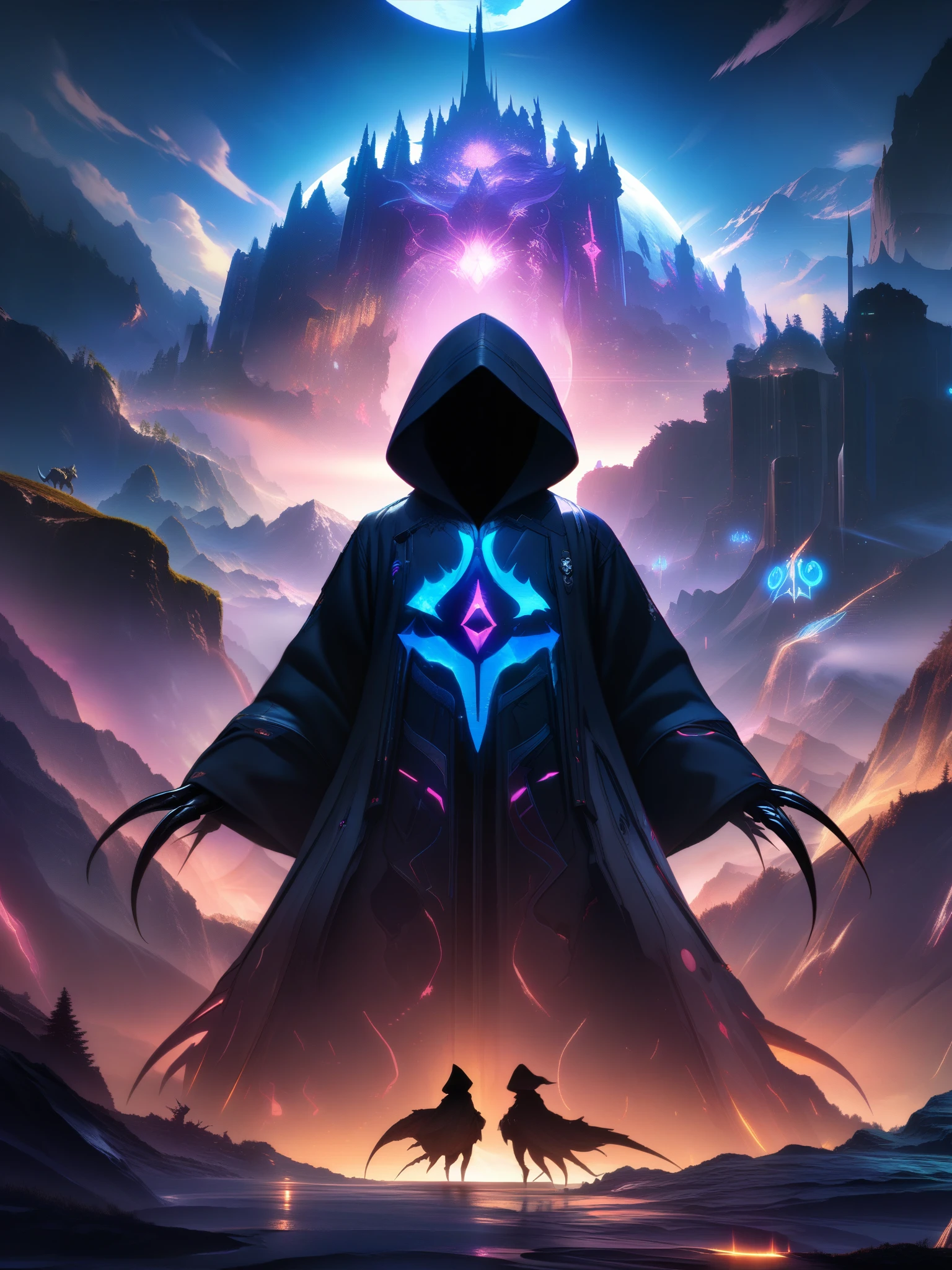 32k, best quality, ultra high res, HDR, UHD, extremely detailed CG, unity 32k wallpaper, Surreal landscape with moon glow, Features a hooded silhouette with faceless function. The silhouette is、Highlighted with glowing glyphs and symbols, It is accentuated by the character's large hood and long claws,