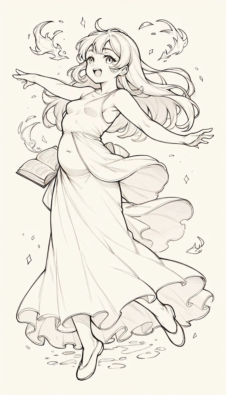 black and white, line art, no shading, full body, live2D character, long hair, chubby, cute, dancing, small breasts, long dress, fire, coloring book style, sketch,ink drawing, outlines